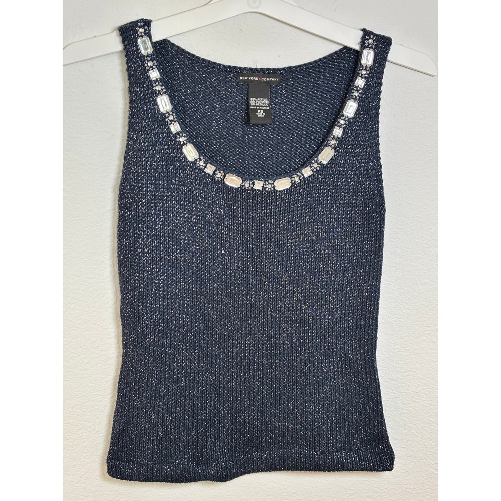 New York & Company Navy Blue Metallic Knit Rhinestone Tank Top XS Holiday